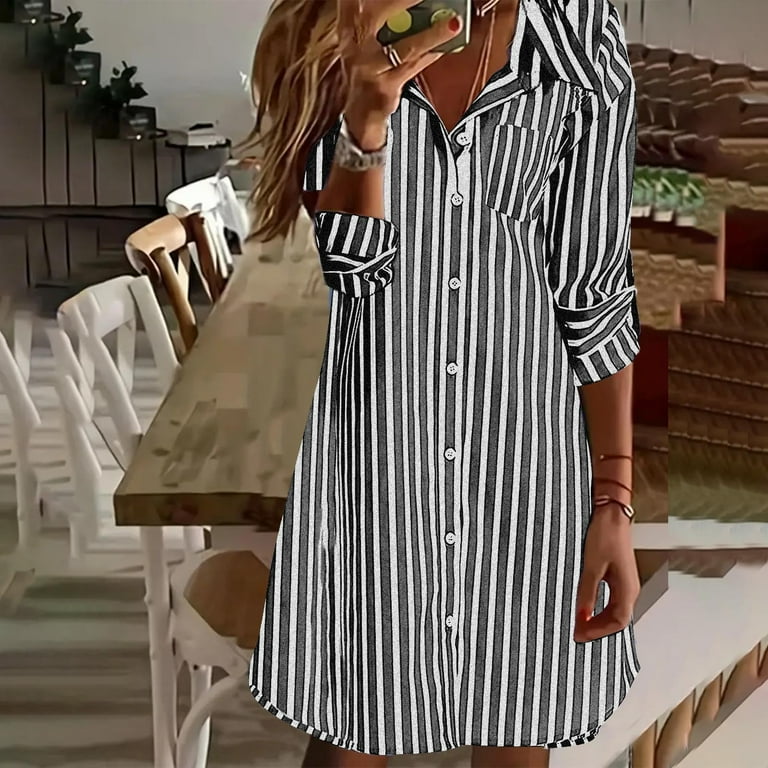 Annhoo Womens Cotton Linen Dress Casual Lapel Long Sleeve Button