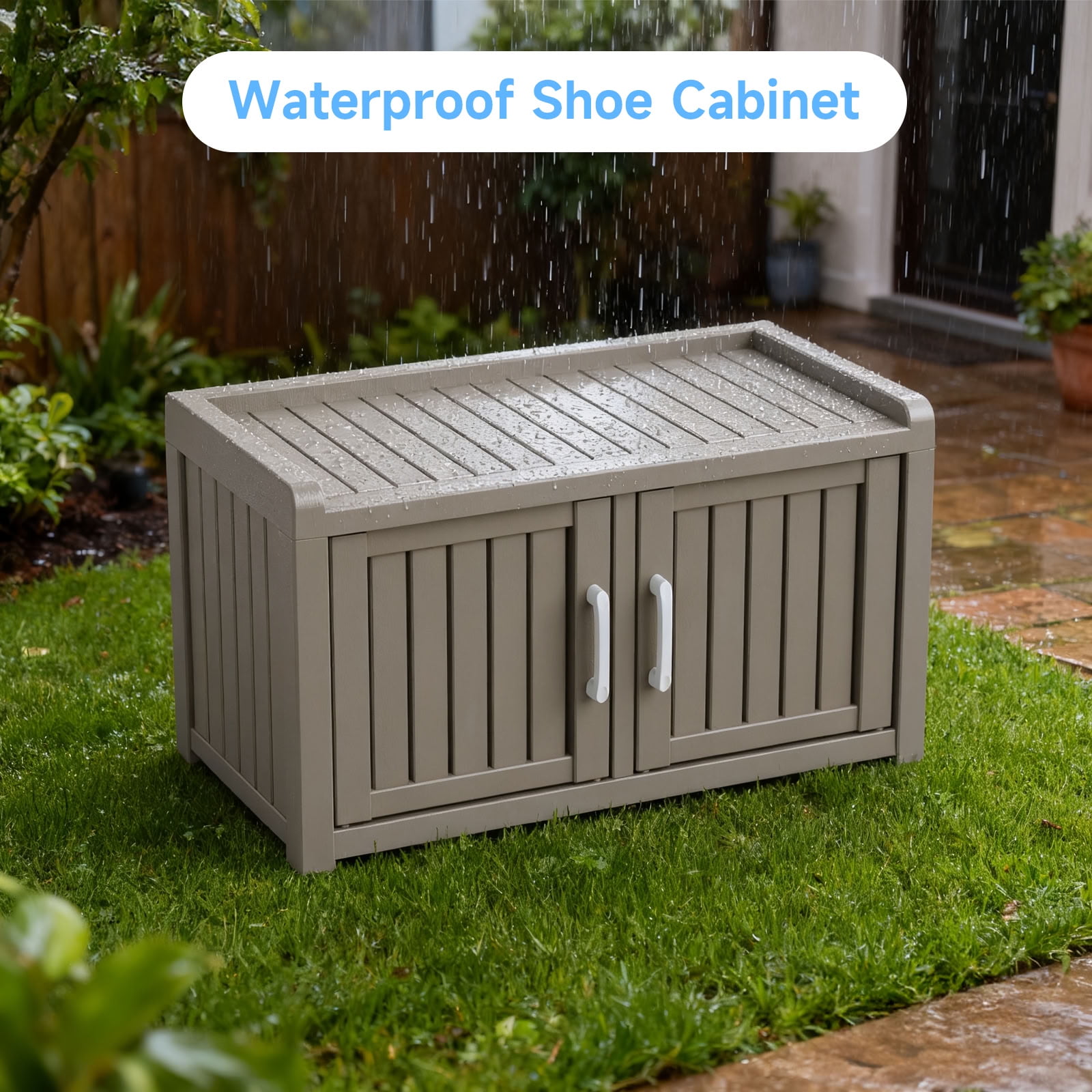MAYEERTY Two-Door Mini Entry Shoe Storage Cabinet, Weatherproof Shoe Organizer with Removable Layers