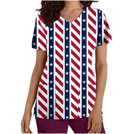 

V-Neck Scrubs for Women Independence Day USA Flag Stars Stripes Workwear Revolution Soft Stretch Comfy Easy Care Uniform