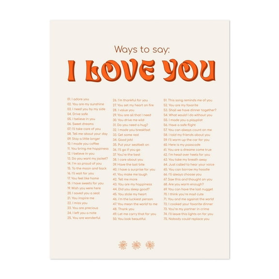 Ways to say I love You Orange - Typography Inspirational Quote Motivational Retro Nostalgia Unframed Wall Art Print 5 x 7 inches