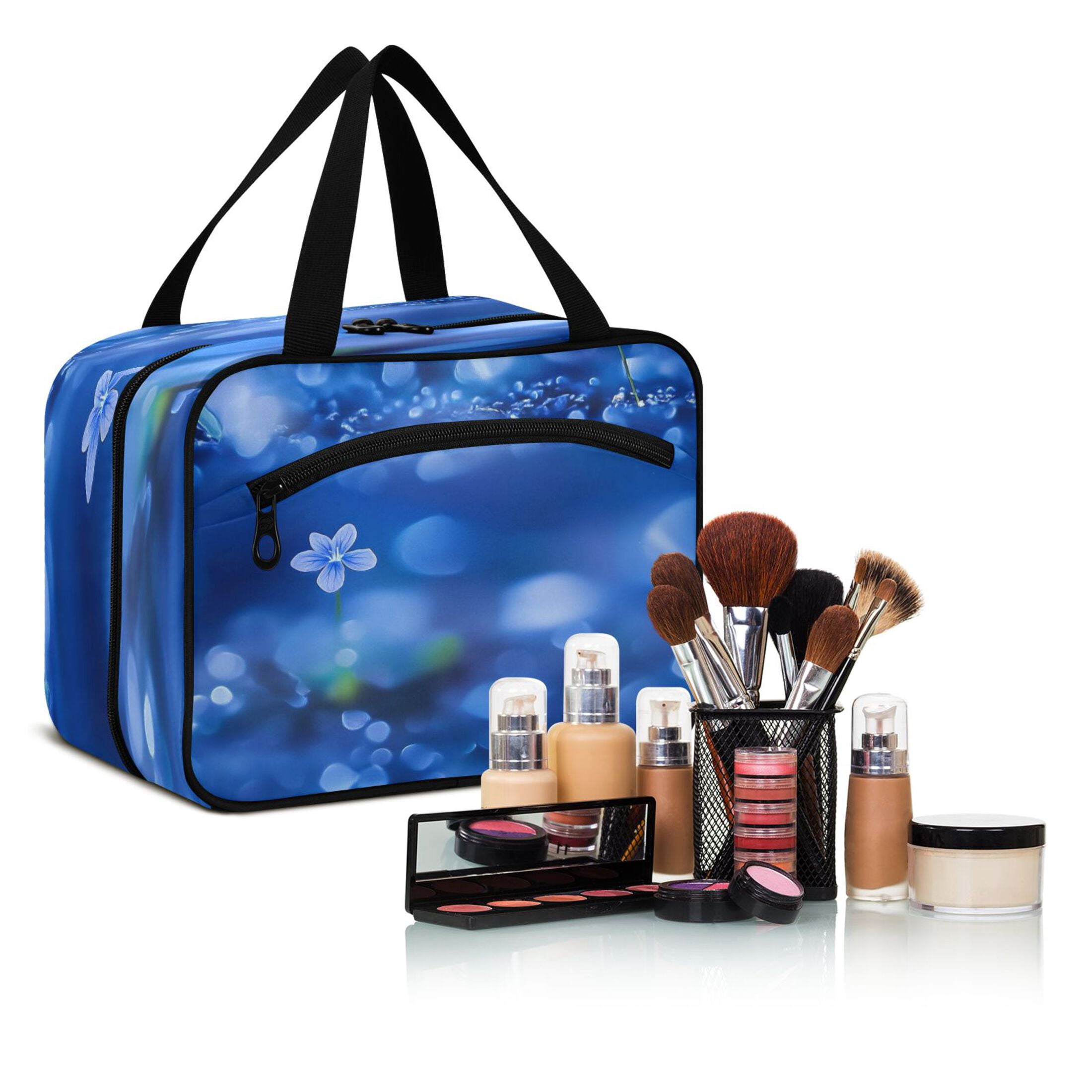 Travel Toiletry Bag with Metal Hook Large Capacity Cosmetic Bag Toiletry Bags for Travel, Gym, Camping Small Blue Flowers
