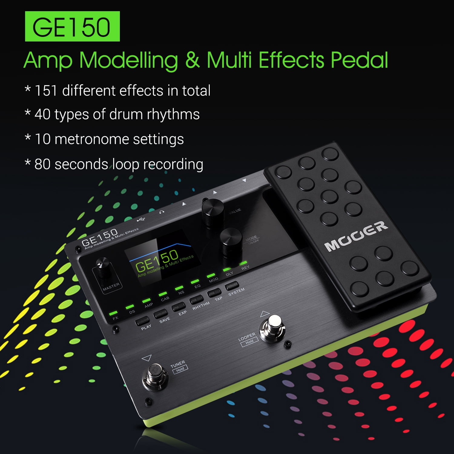 MOOER GE150 Amp Modelling & Multi Effects Pedal 55 Amplifier Models 151 Effects 80s Looper 40 Drum Rhythms 10 Metronome Tap Tempo OTG Function
