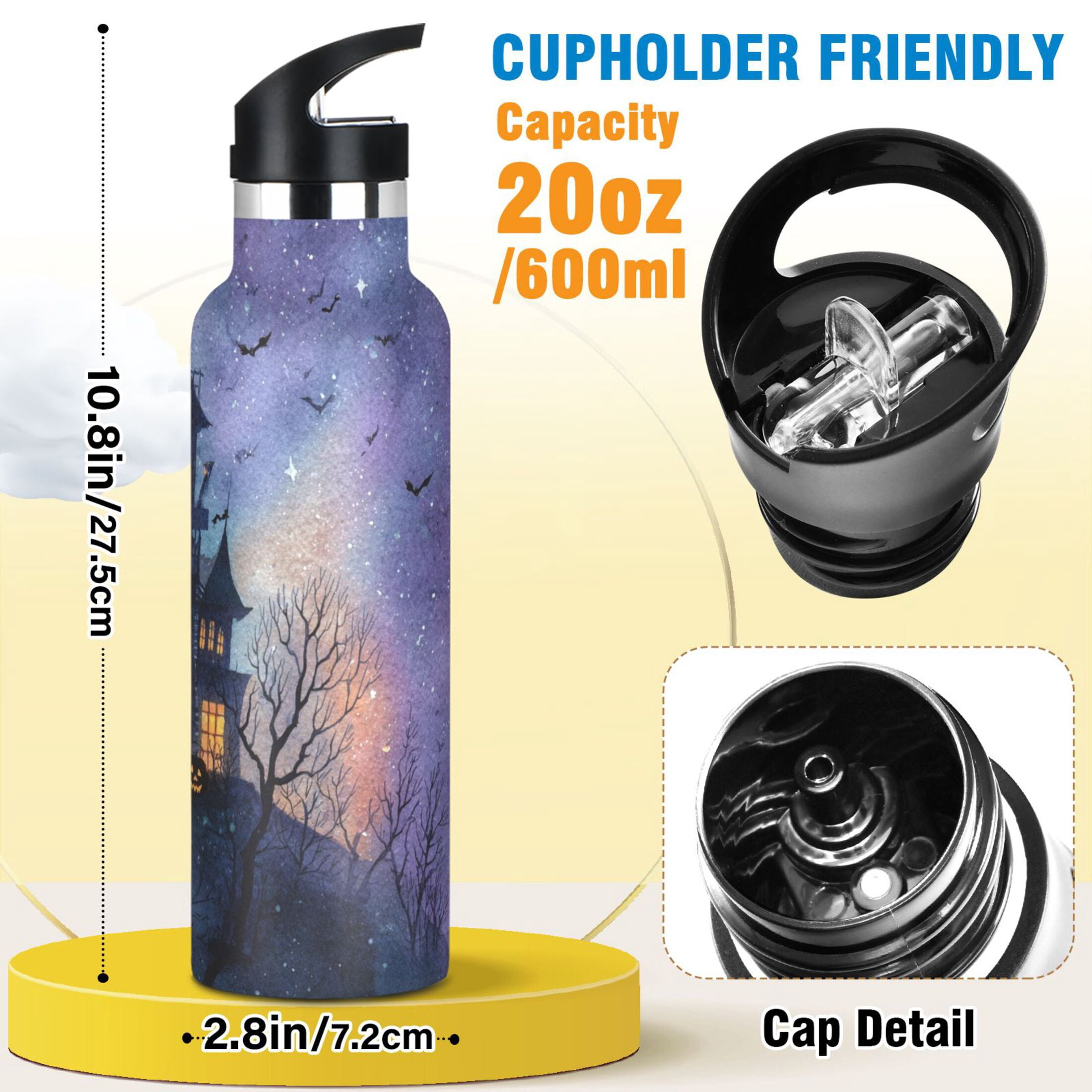 600ML Stainless Steel Insulated Cup Sports Water Bottle Portable Thermos Cup Water Glasses Insulated Tumblers Convenient and Durable Beautiful Halloween Castle