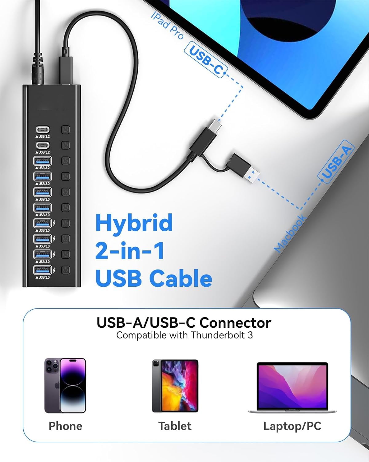 Powered USB Hub 3.2, AUBEAMTO 10-Port USB 3.2/USB C Hub (10Gbps USB-A 3.2 +2 USB-C 3.2 +7 USB 3.0 Ports) with Individual On/Off Switches and 12V Power Adapter, Aluminum USB Hub Powered for Laptop PC