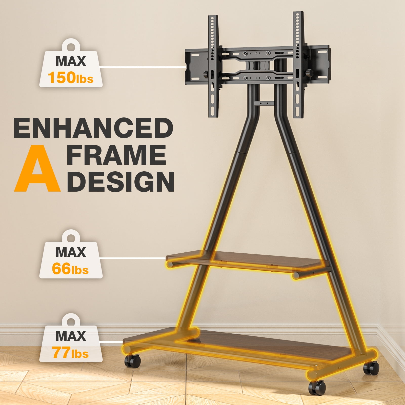 RTVR Rolling TV Stand for 43-80" Screens, Portable Mobile TV Stand on Wheels with Enhanced Triangular Design Storage Shelves up to 150 lbs, Brown