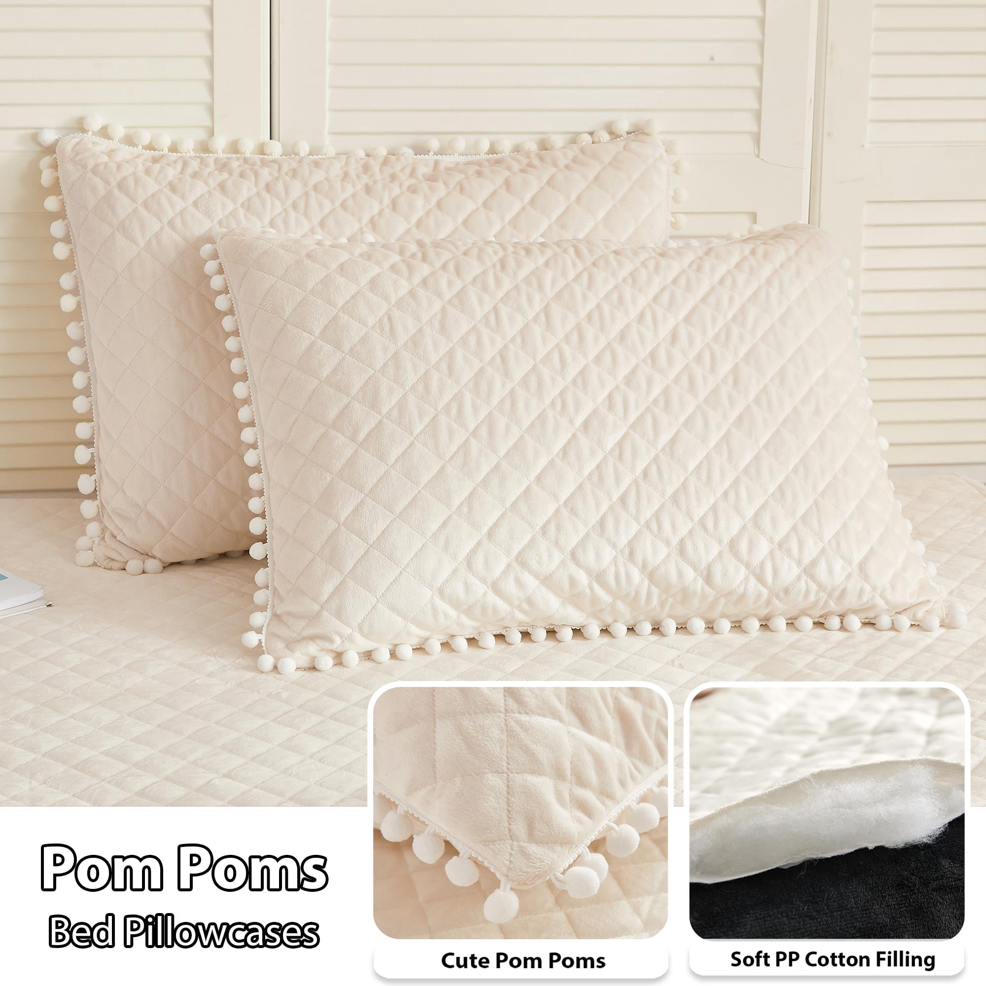 LIFEREVO 3 Pieces Luxury Plush Shaggy Faux Fur Duvet Cover Set(1 Fluffy Fuzzy Comforter Cover + 2 Pompoms Fringe Quilted Pillow Covers) Furry Bedding Set, Zipper Closure, Queen Size, Beige