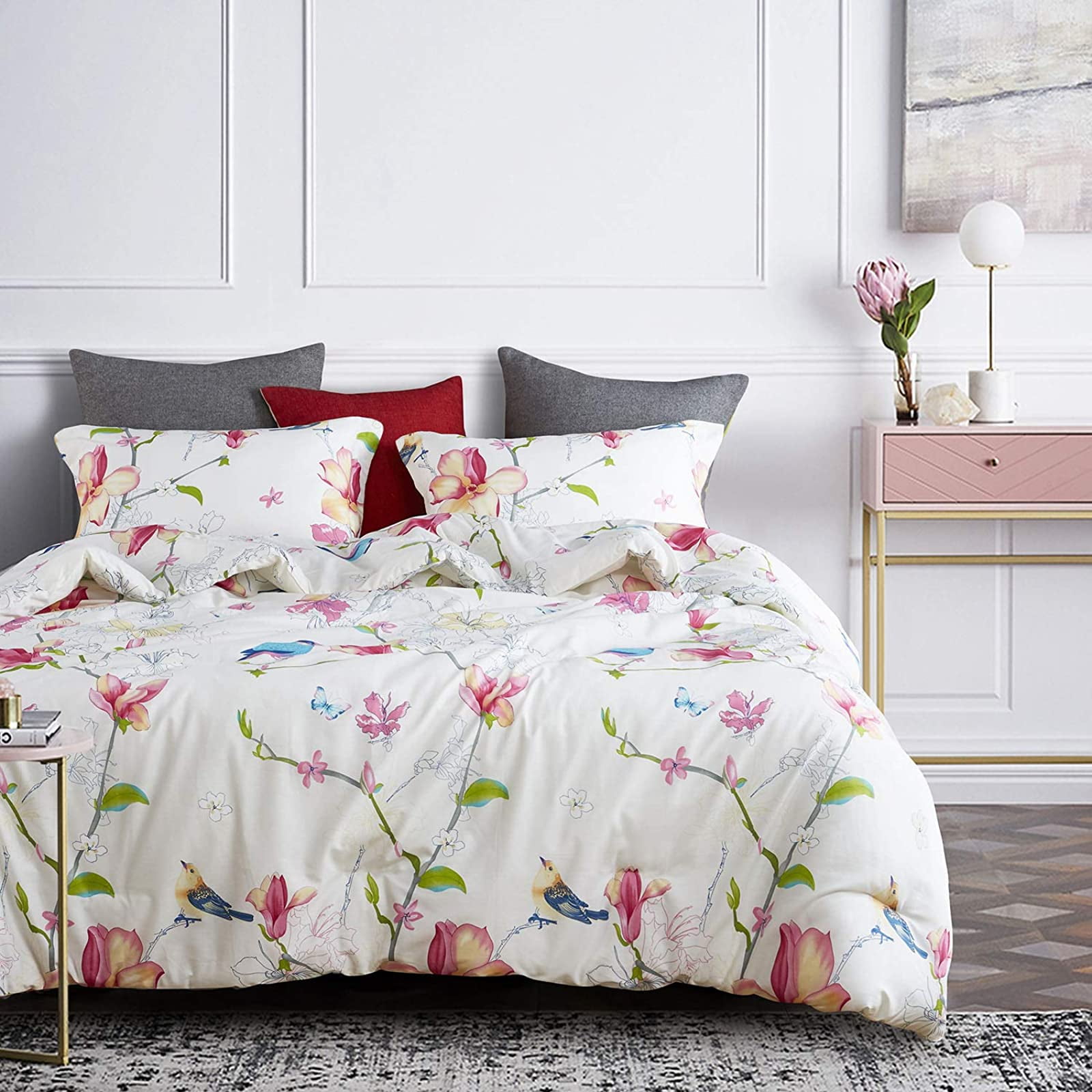 3pcs, King Size Botanical Flowers Pattern Printed Floral Comforter Set Wake In Cloud 100/% Cotton Fabric with Soft Microfiber Inner Fill Bedding