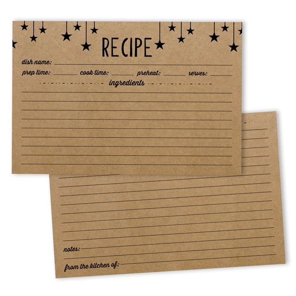 Inkdotpot 4x6 Inch Recipe Cards (Set of 50) , Thick Double Sided Premium Card Stock- Modern Style Kraft Recipe Notecards for Weddings- Bridal- Baby Shower - Stars Theme