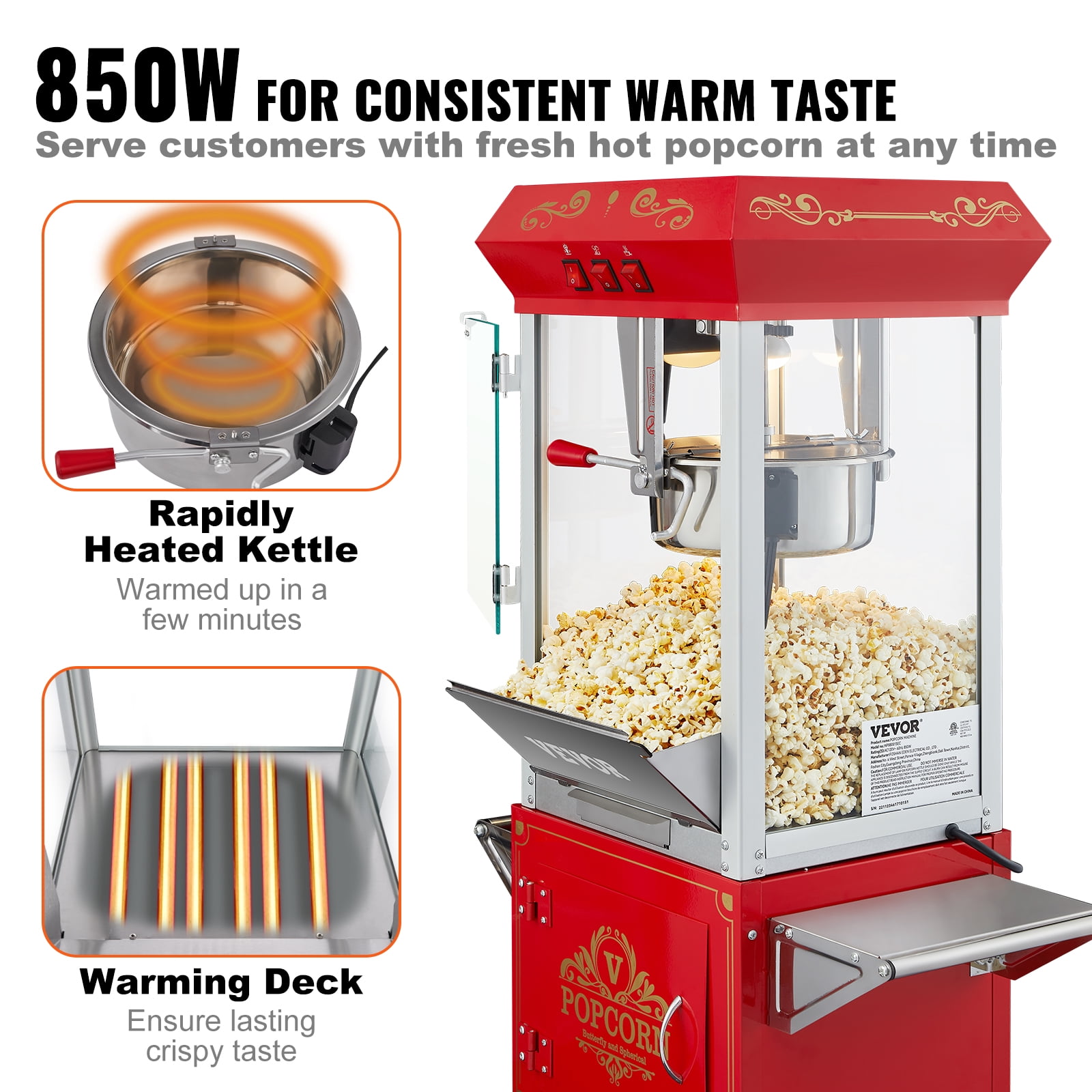 VEVOR Popcorn Maker with Cart, 850W Popcorn Popper Machine, 8 Oz Kettle Makes 48 Cups per Batch, Popcorn Maker Equipped with Tempered Glass, Includes 4 Scoops