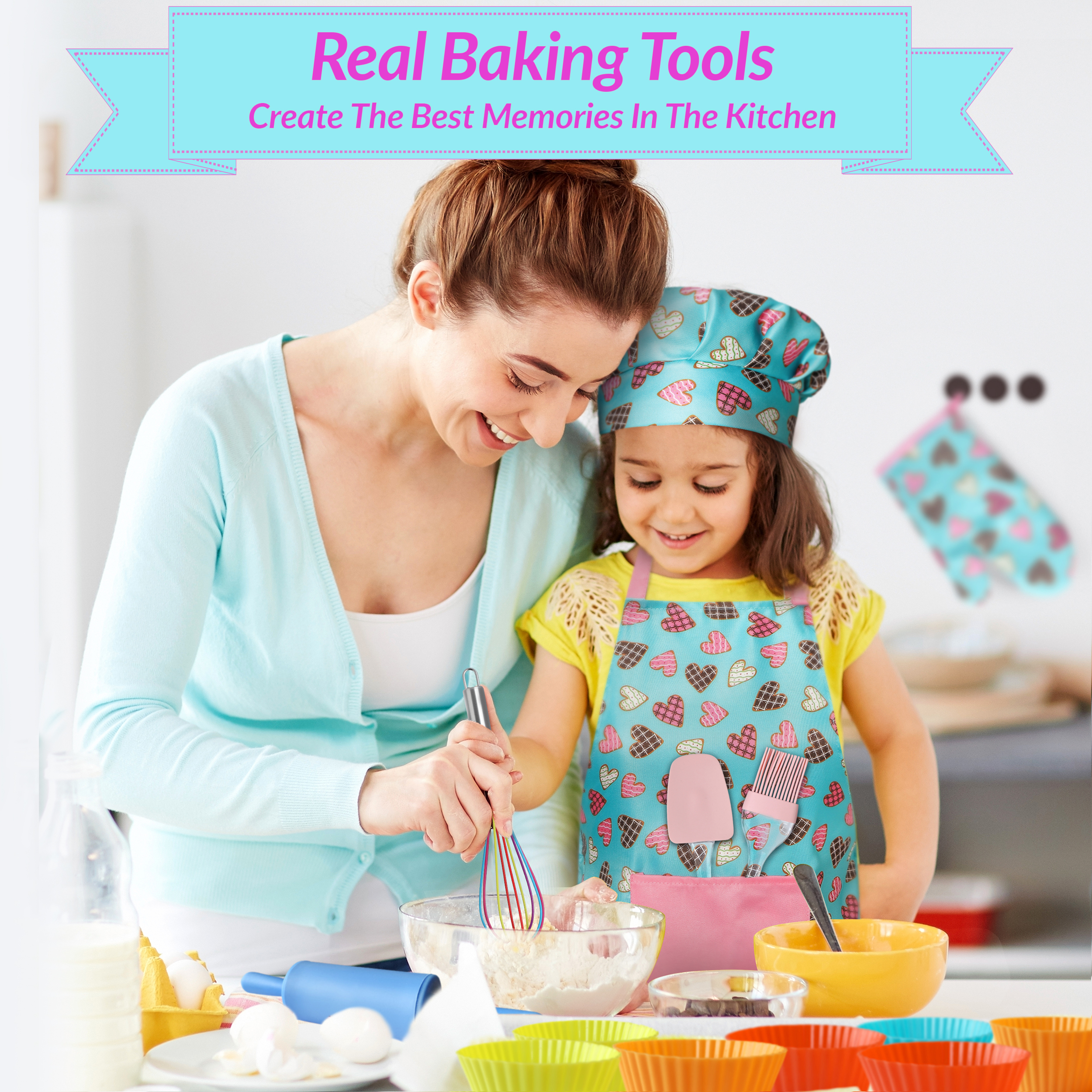 Real Girls Baking Set 35pcs With Pink Heart Apron, Chef Hat And Mitt -  RiseBrite