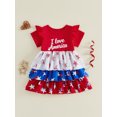 thumbnail image 4 of Toddler Baby Girl 4th of July Dress Outfit Patriot Independence Day Dress I Love American Letters Short Sleeve Doll Collar Red White Blue Star Striped Print Bow Layered Summer Holiday Party Dress, 4 of 9