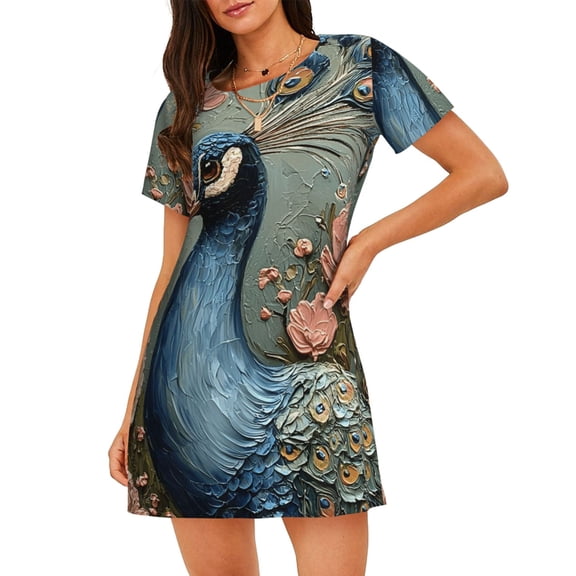 Women's Nightgown Sleepwear Short Sleeves Nightshirt Sleepdress Sleepshirts, Peacock Flowers