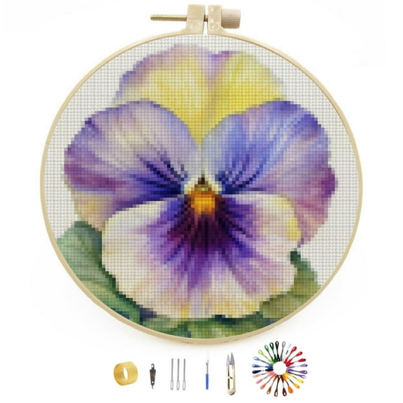 Watercolor Pansy Flower Easy Stamped Cross Stitch Kits for Beginners with Hoop Simple Patterns 11CT Counted Embroidery Needlepoint Crafts Arts for DIY Enthusiasts and Home Decor 30x30cm(1)