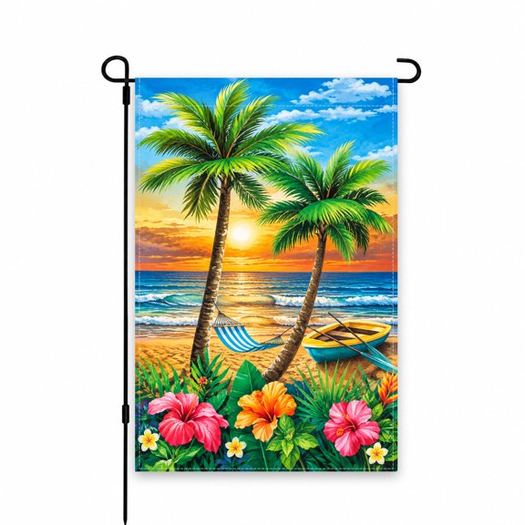 Tropical Beach Garden Flag 12x18 Inch with Palm Trees and Vibrant Hibiscus for Patio, Yard, or Lawn Decor - Bright Summer Outdoor Decoration
