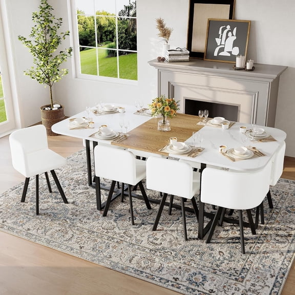 LJAN 9-Piece Square Dining Table Set, Fixed White Faux Marble & Wood Grain Tabletop with 8 PU Leather Chairs, Modern Kitchen Table Set for 8 People, Ideal for Family Gatherings, Dining Room