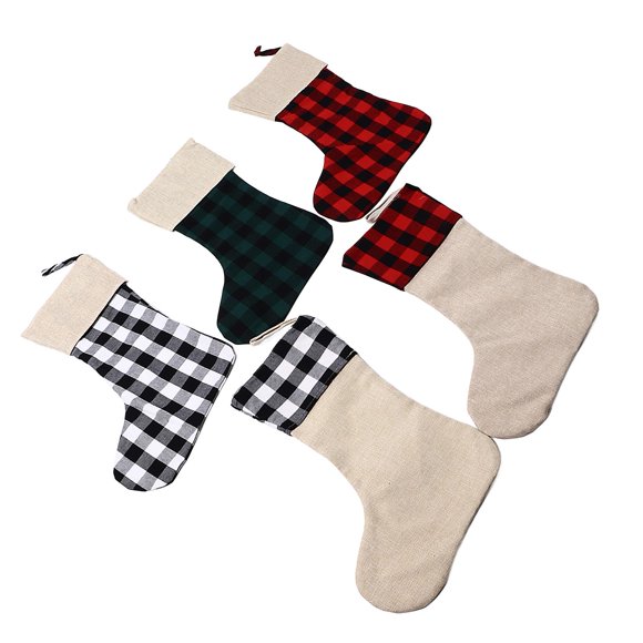 Christmas Stocking Decorative Cloth Gift Bags Plaid Ornaments for Tree Stairs Fireplace Set of 5