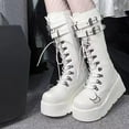 thumbnail image 2 of Juebong Women Leather Lace-Up Wedge Knee High Boots Fashion Round Toe with Buckle Zipper Gothic Punk Mid Calf Boots White,38, 2 of 8