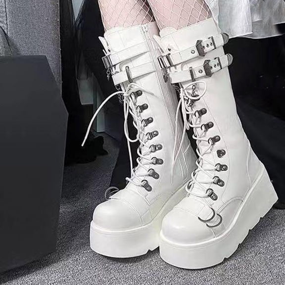 PiGOGI Women's Punk Boots Wedge Heel Belt Buckle Fashion Winter Fall Boots for Women Gothic Style Long Boots Comfortable Thick Sole White 43