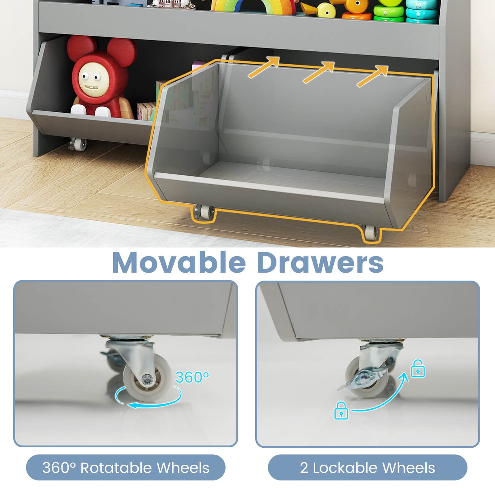 Costway Kids Toy Storage Organizer with 2 Movable Drawers Open Shelf Compartment for Kids Gray