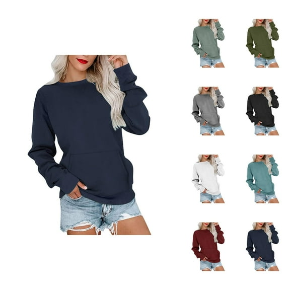 Trendy Tops for Women 2025 Women's Solid Sweatshirt Womens Long Sleeve Pocket Hoodie Pullover Crewneck Sweatshirt Drop Shoulder Casual Top Lightweight Hoodie