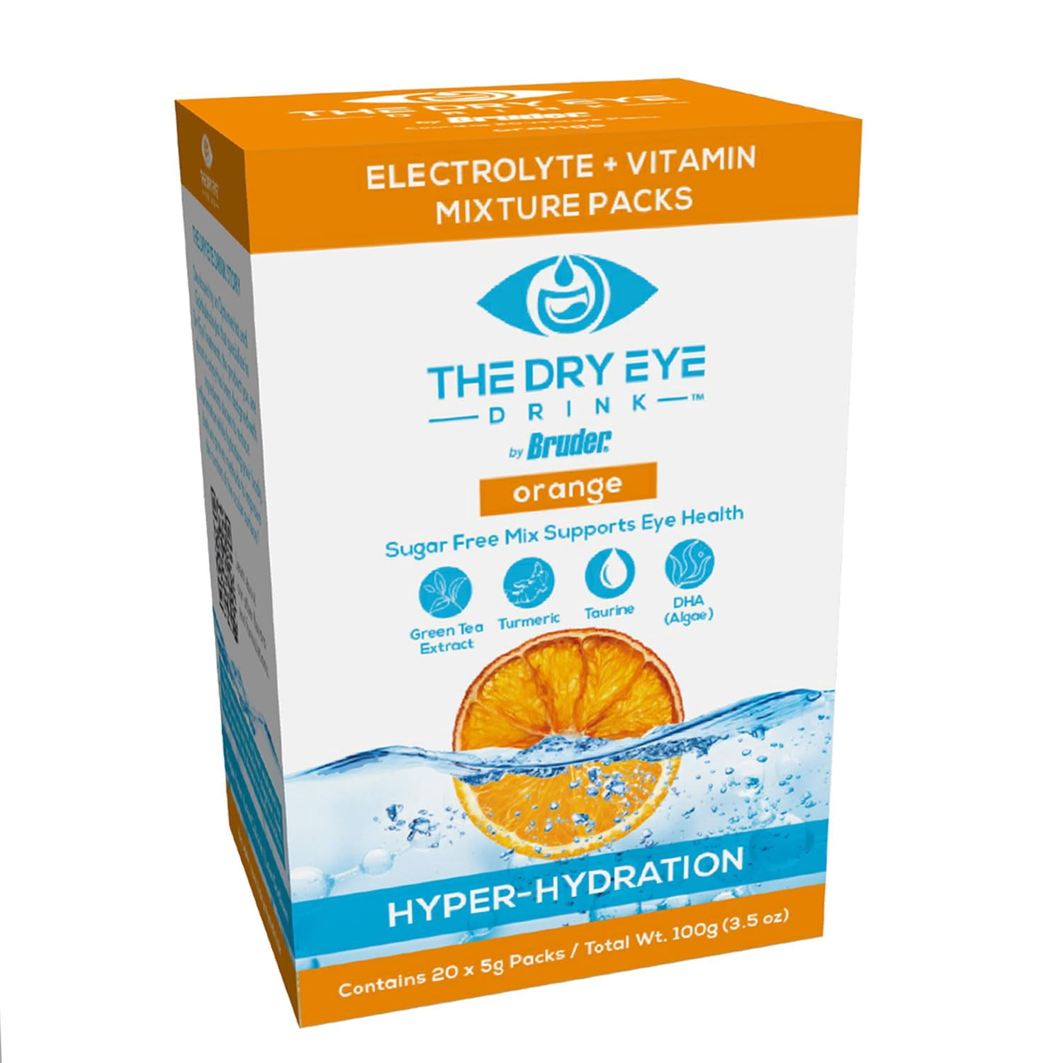 The Dry Eye Drink Orange Flavor l Ultimate Hydration for Dry Eyes l Sugar-Free Electrolyte Powder Packets l Blended with Vitamins, Green Tea, Turmeric, Taurine, and DHA l 5g x 20 Packets