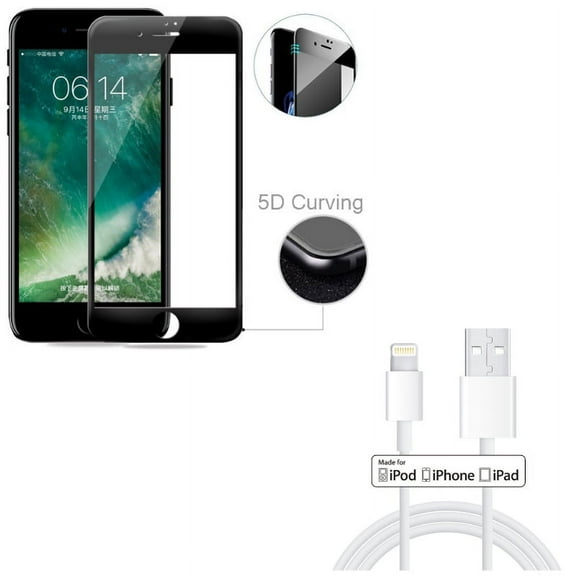 iPhone 8/7/6S/6 - 3ft MFi USB Cable w Tempered Glass Screen Protector - Certified Charger Cord Power Wire Fast Charge, 5D Touch Curved Edge Full Cover Bubble Free Case Friendly for iPhone 8/7/6S/6