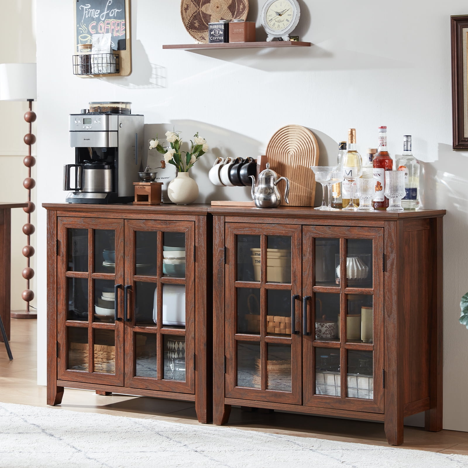 31.5" Rustic Buffet Cabinet with 2 Glass Doors, Compact Sideboard Kitchen Storage Cabinets Coffee Bar Cabinet for Living Room, Brown