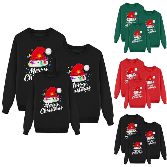 VKOYWKM Christmas Sweatshirts for Family Matching Xmas Print Crewneck Long Sleeve Holiday Pullover Tops