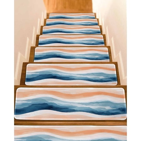 Blue Coastal Stair Treads for Wooden Steps Indoor Runner Rug Carpet Summer Beach Nautical Beige Oil Painted 7 Pieces Peel and Stick Staircase Step Treads Covers Washable Throw Door Mats 30 x8