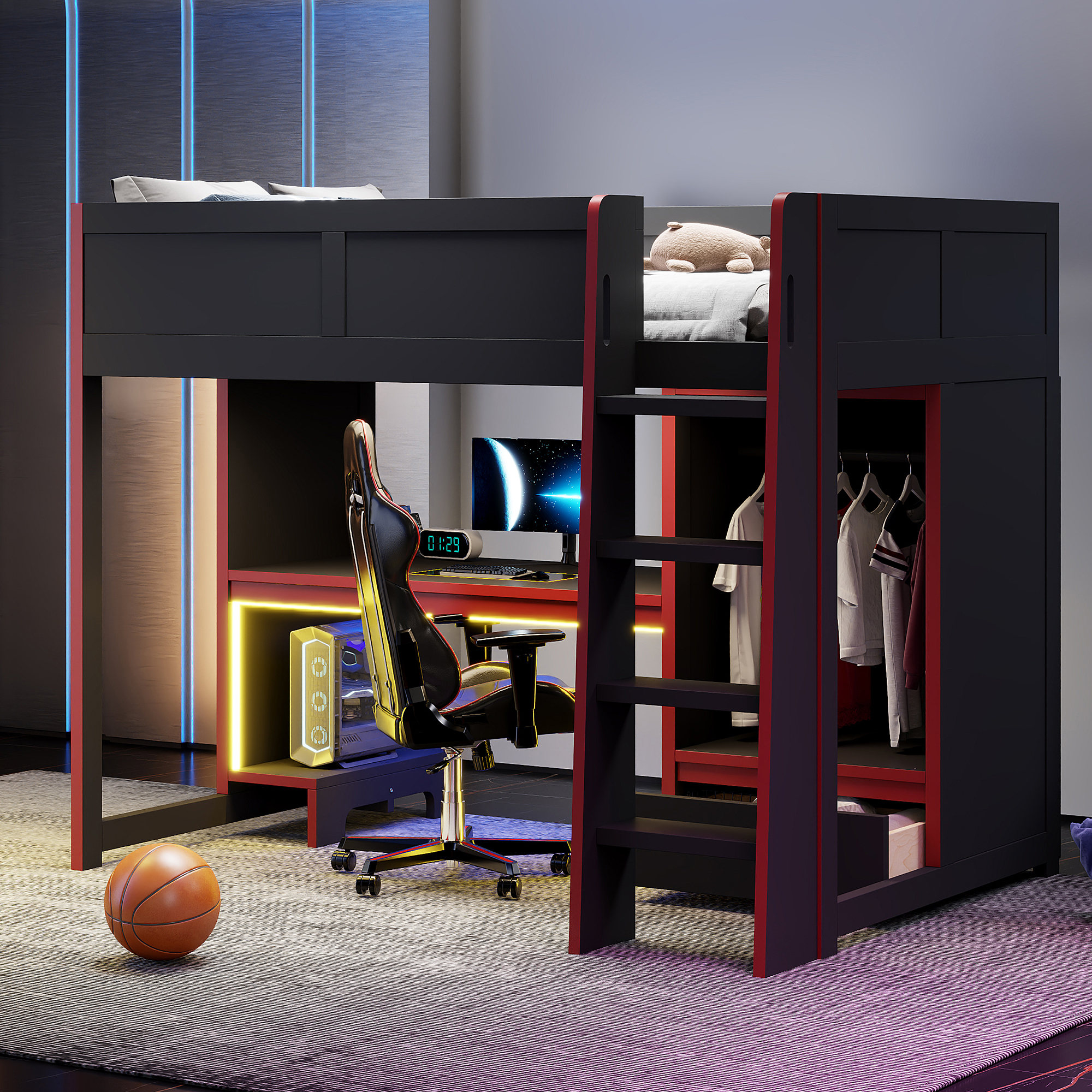 Euroco Wood Twin Size Loft Bed with Desk and Drawer, Gaming Bed with LED Light and Open Wardrobe
