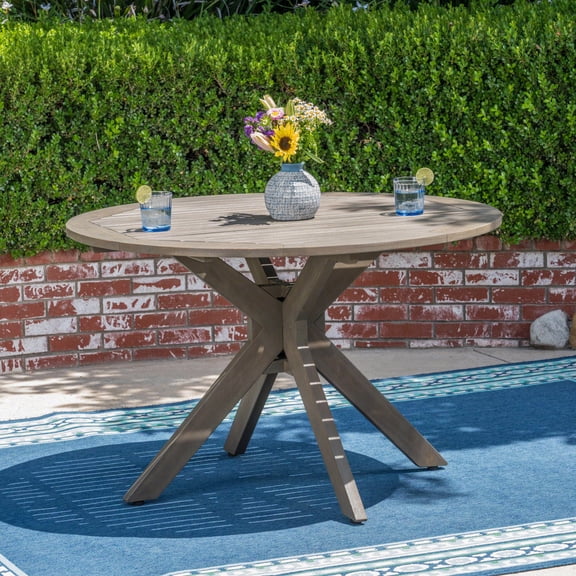 Outdoor Dining Table StanOutdoor Round Acacia Wood Dining Table with X Base, Gray Finish,Patio Table