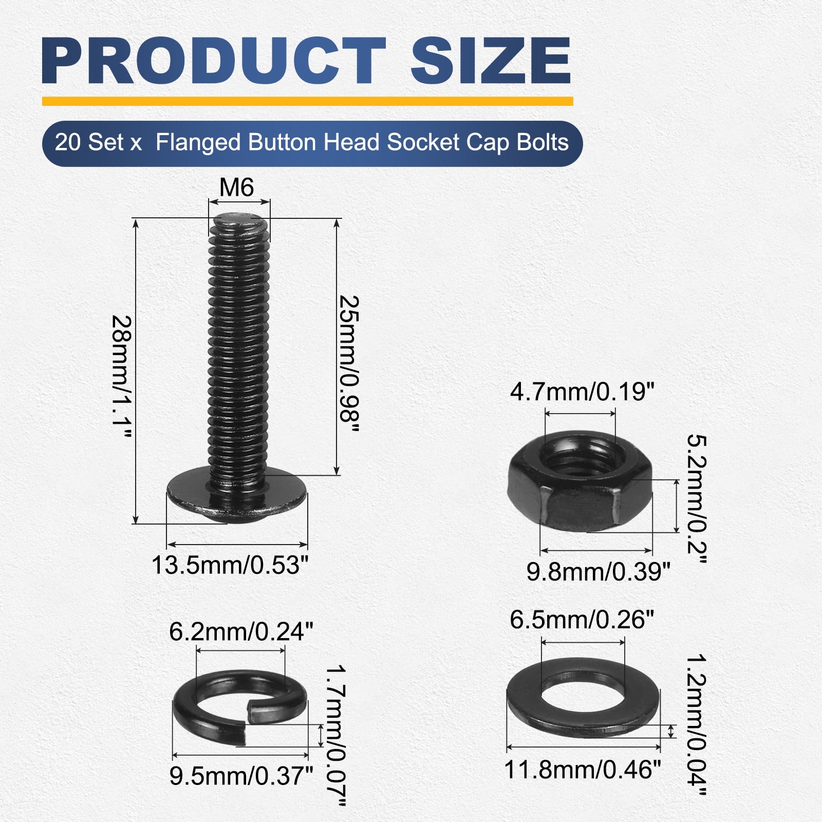20 Set M6 x 25mm Flanged Button Head Socket Cap Screws, Black 304 Stainless Steel 18-8 Hex Socket Head Screws Bolts, Nuts, Flat & Lock Washers for DIY, Furniture, Automotive