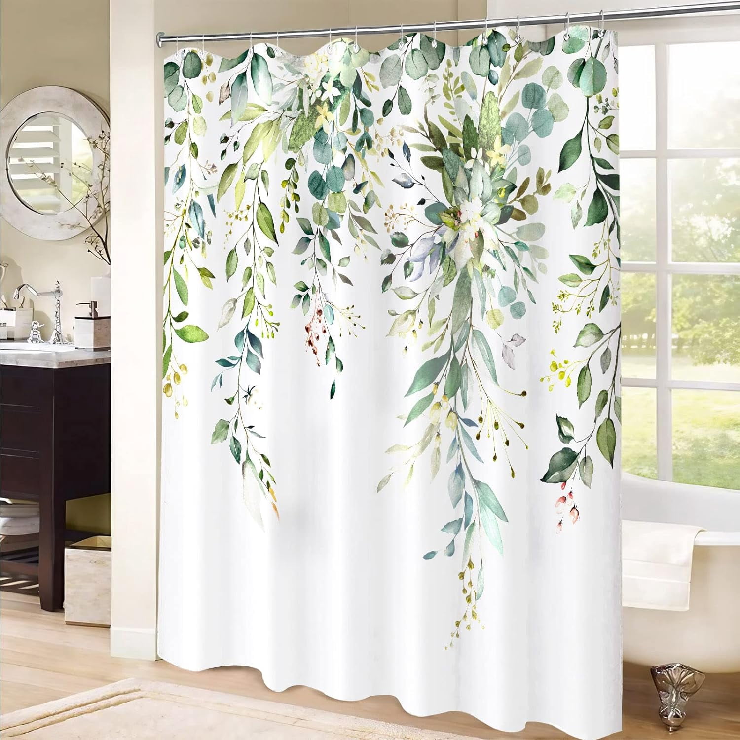 84 Inch Extra Long Green Eucalyptus Shower Curtain Watercolor Floral Plant Leaf Shower Curtains for Bathroom Botanical Flower Waterproof Fabric Bath Curtain with Hooks (Green, 72'''' x 84'''')