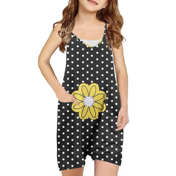 Odeerbi 5-13 Years Kids Girls Summer Jumpsuit Dots Flower Print Camisole Romper Casual Breathable Comfortable Suspender Overalls Bib Overall Shorts with Pockets