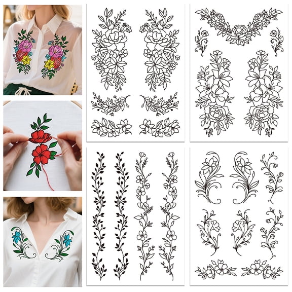 4 Sheets Luxurious Flower Border Embroidery Water Soluble Hand Sewing Stabilizers for Fabric Lace Wash Away Embroidery Stabilizer Stickers Stitch