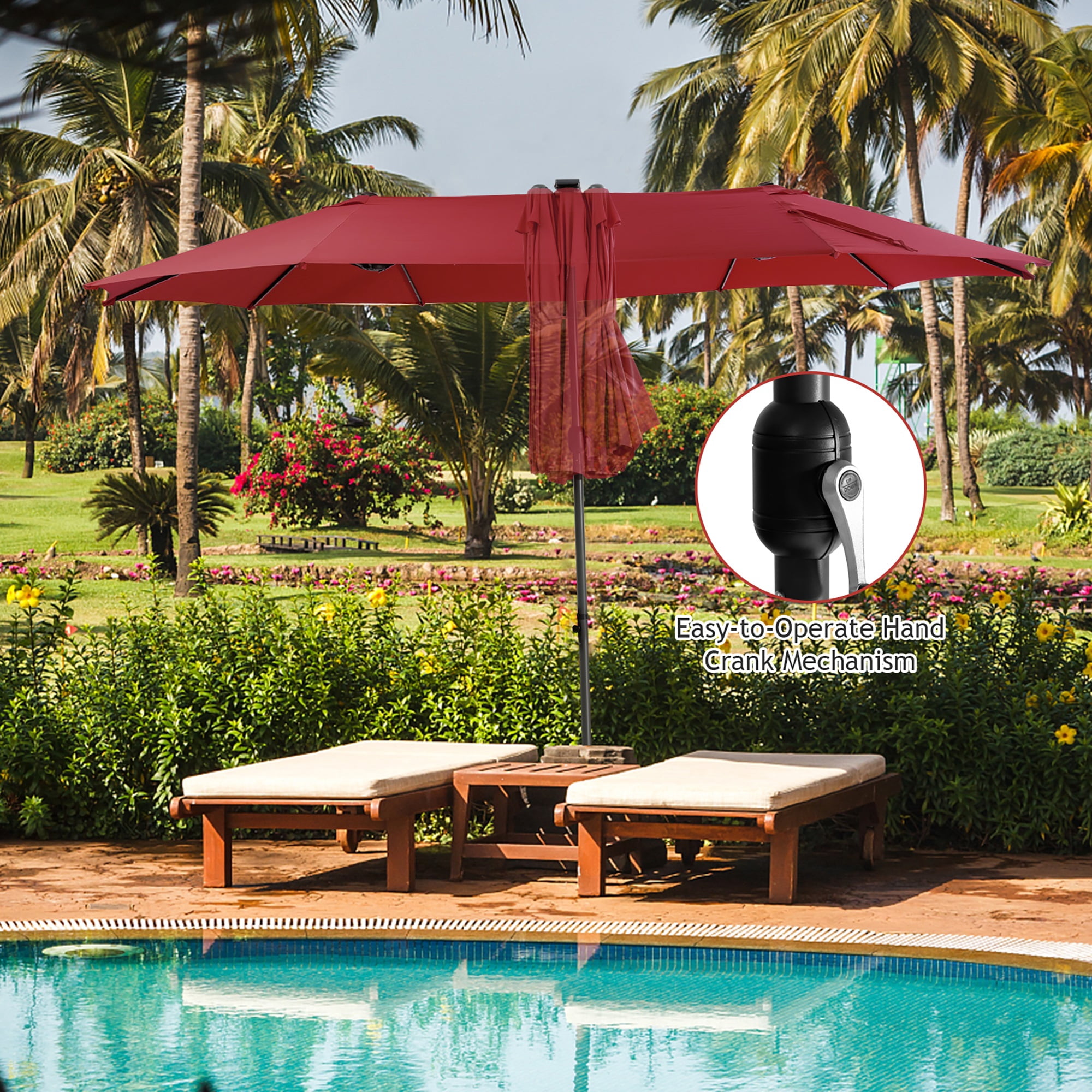 Gymax 15Ft Solar LED Patio Outdoor Double-Sided Umbrella w/ 48 Lights Crank Burgundy