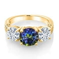 thumbnail image 2 of Gem Stone King 18K Yellow Gold Plated Silver Blue Mystic Topaz and White Moissanite Engagement Ring for Women | 3.60 Cttw | Round 8MM | Gemstone November Birthstone | Size 8, 2 of 5