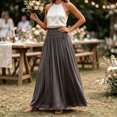 thumbnail image 4 of IUYRTFE Women's Solid Color Maxi Skirt Flowy Sheer Fabric Elastic Waist Long Casual Skirt, 4 of 4