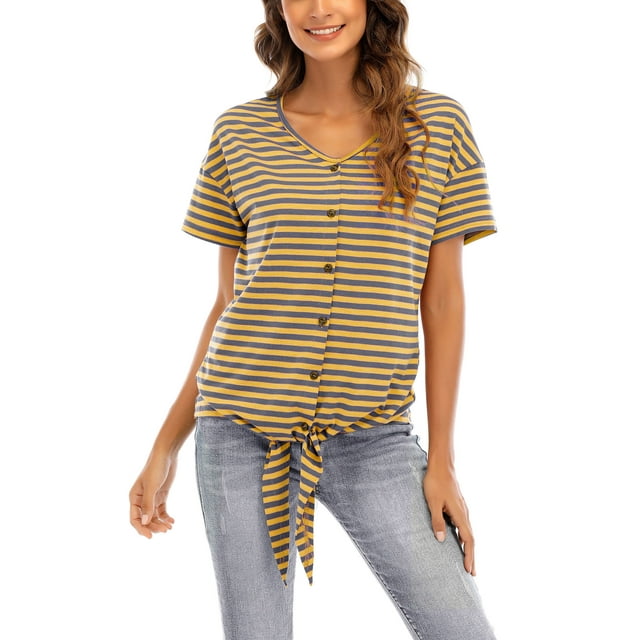 MAWCLOS Hauts d'Été pour Femmes T-shirt Col en V Manches Courtes Tunique Rayée Mode Plage Jaune Marron TTG