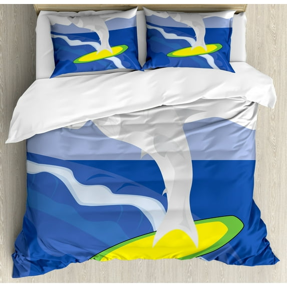 Smile Duvet Cover Set King Size, Demonstration of a Shark on a Surfboard in the Ocean, Decorative 3 Piece Bedding Set with 2 Pillow Shams, Ceil Blue Yellow Violet Blue and Lime Green, by Ambesonne