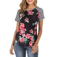 thumbnail image 3 of LELINTA Summer Women Blouses Elegant Shirts Floral Print Slim Fashion Short Sleeve Tops Striped with Elbow Patch T-Shirt, Navy Blue/ Black, S-2XL, 3 of 6