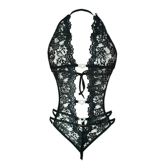 Clearance Sale!! New Erotic Sleepwear Plus Size Erotic Sleepwear New Lace See Through No Removal Crotchless Jumpsuit Hottie Pajamas Black L