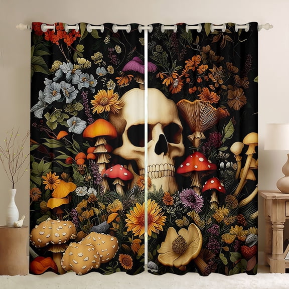 Castle Fairy Teens Gothic Skull Black Out Curtains,Botanical Mushroom Flowers Curtains Pack of 2 (42x63 Each),Vintage Aesthetic Bedroom Curtains,Breathable Home Decor