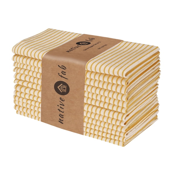 Native Fab Reusable Yellow Beige Stripe Dinner Cloth Napkin Set of 12 Cotton 18x18