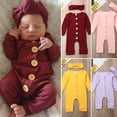 thumbnail image 4 of Baby Solid Romper Knitted Rib Long Sleeve Trousers Button Jumpsuit Headband, 4 of 7