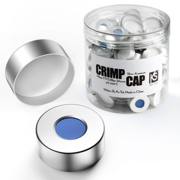 13mm Aluminum Crimp Seal Cap with Natural PTFE/Blue Silicone Septa (Silver) 100pk