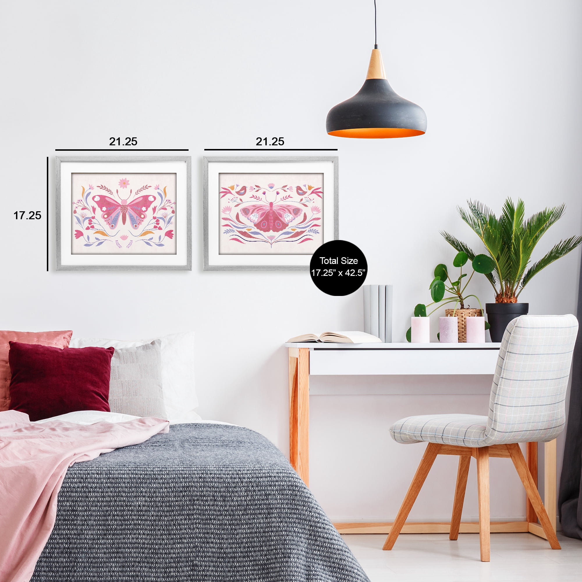 Stupell Industries Boho Folk Butterflies 2 Piece Gray Framed Print Under Glass Set, design by Kim Allen