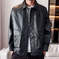 thumbnail image 2 of Male Autumn And Winter Solid Color PU Leather Jacket Street Style Cool Soft Leather Lapel Workwear Style Double Pocket Long Sleeved Leather Jacket, 2 of 9