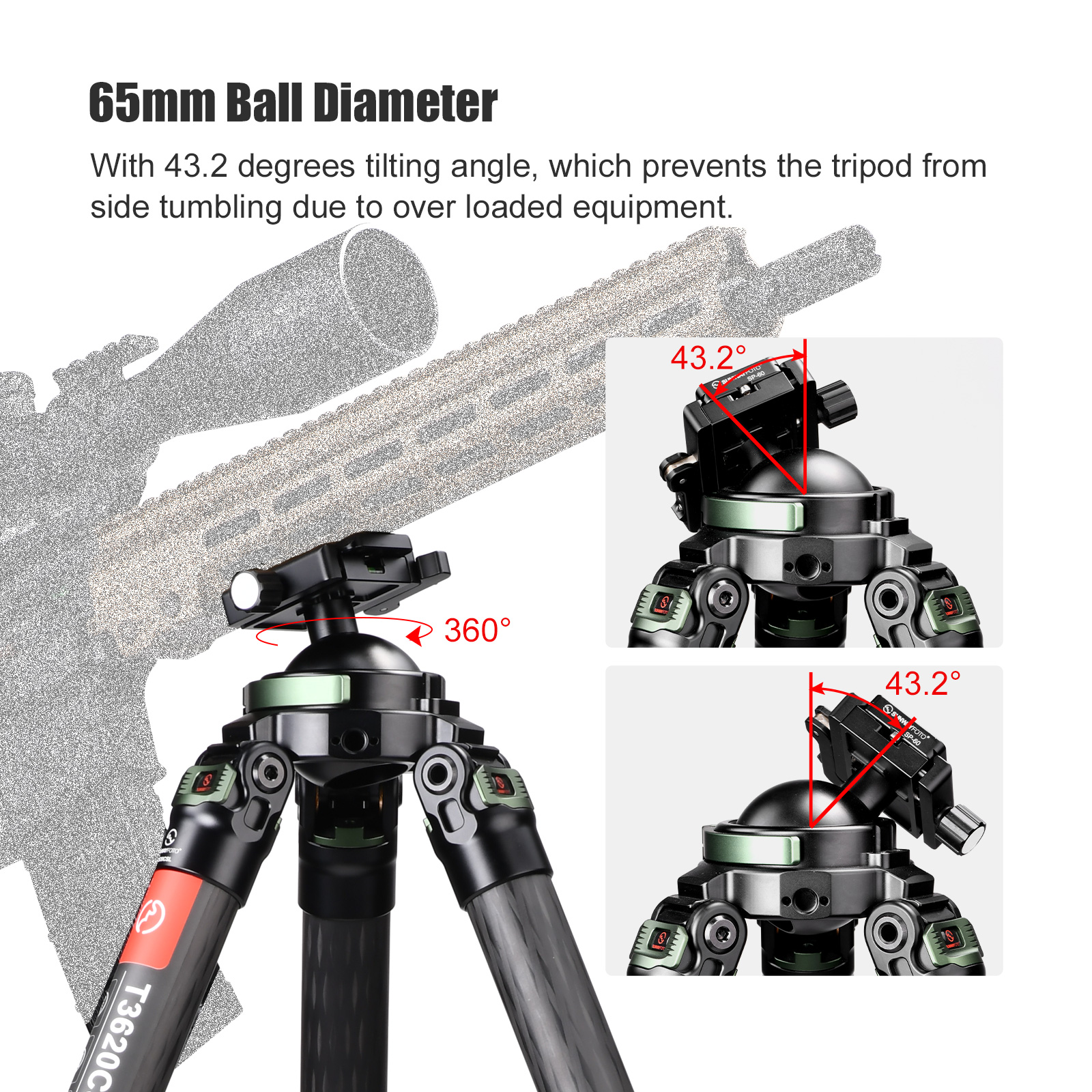 SUNWAYFOTO T3620CSL, 68” Tall Carbon Fiber Tripod with 65mm Hunting Ballhead for Rifle, 36mm Tubes Two Section