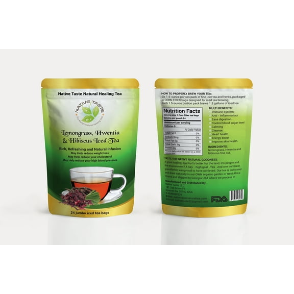 LEMONGRASS , HWENTIA , HIBISCUS ICED TEA JUMBO - 14 Jumbo Pyramid Corn Fiber Teabags- 100% Sun Dry Cut and Sift Tea Leaves in Pyramid Teabags- 100% Natural Taste and Organic